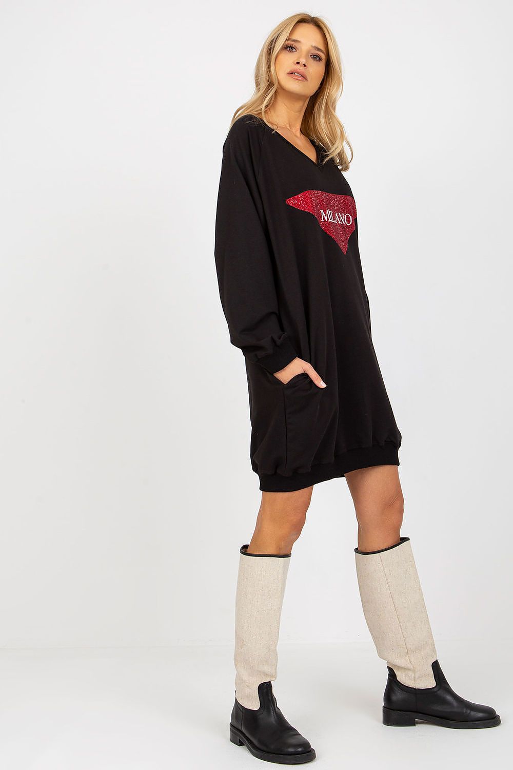 Lang Genser med Jet Stones og Print FP til dame fra MS StyleHaven, størrelse one-size-fits-all, med long, kjolelengde knee, kjolestil sweater