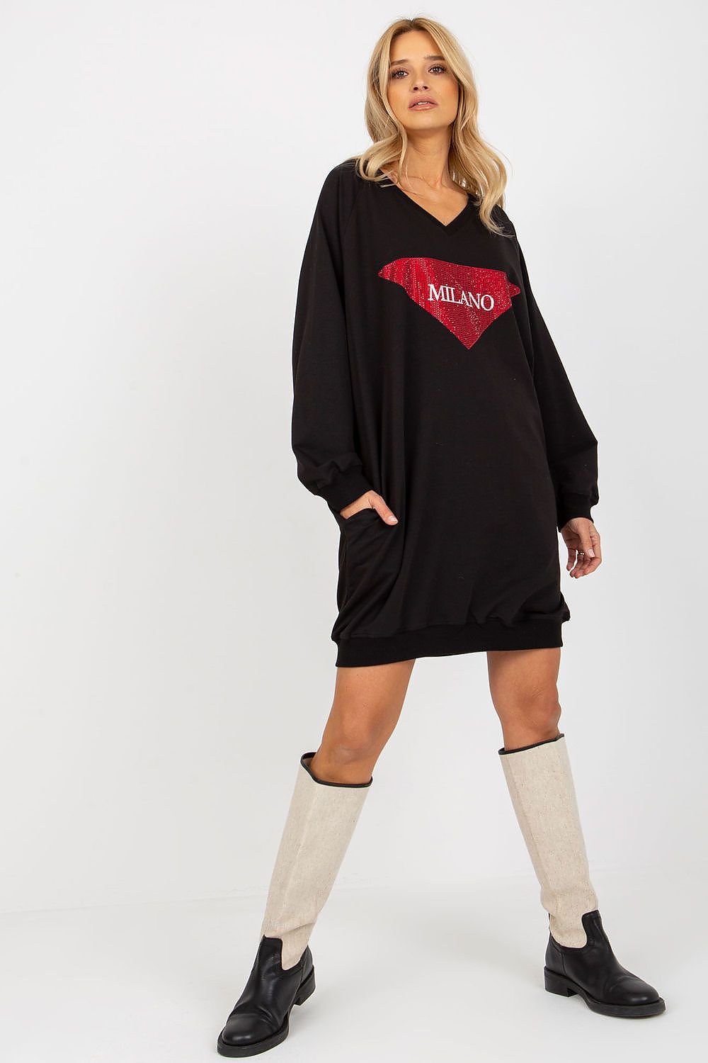 Lang Genser med Jet Stones og Print FP til dame fra MS StyleHaven, størrelse one-size-fits-all, med long, kjolelengde knee, kjolestil sweater