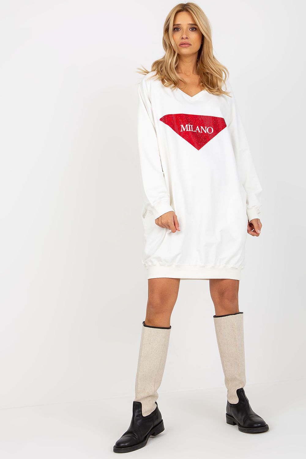 Lang Genser med Jet Stones og Print FP til dame fra MS StyleHaven, størrelse one-size-fits-all, med long, kjolelengde knee, kjolestil sweater
