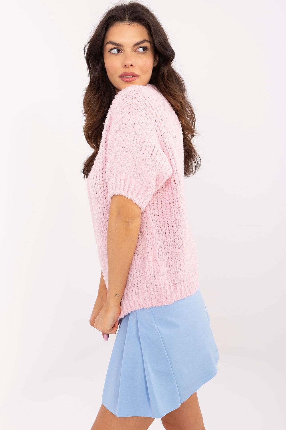 Short sleeve sweater Italy Moda fra MS StyleHaven, størrelse one-size-fits-all, med short, bukselengde long, kjolelengde midi, kjolestil wrap