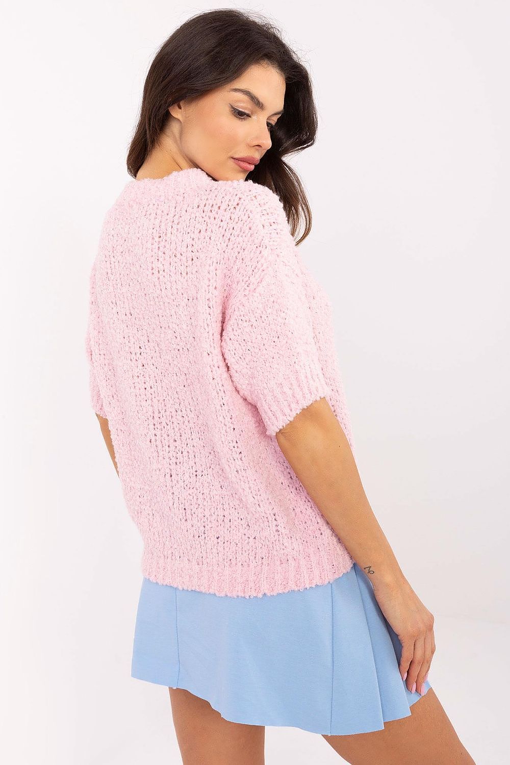 Short sleeve sweater Italy Moda fra MS StyleHaven, størrelse one-size-fits-all, med short, bukselengde long, kjolelengde midi, kjolestil wrap