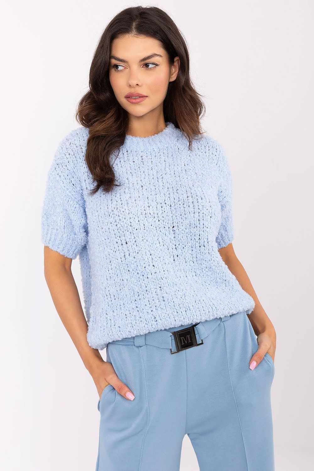 Short sleeve sweater Italy Moda fra MS StyleHaven, størrelse one-size-fits-all, med short, bukselengde long, kjolelengde midi, kjolestil wrap