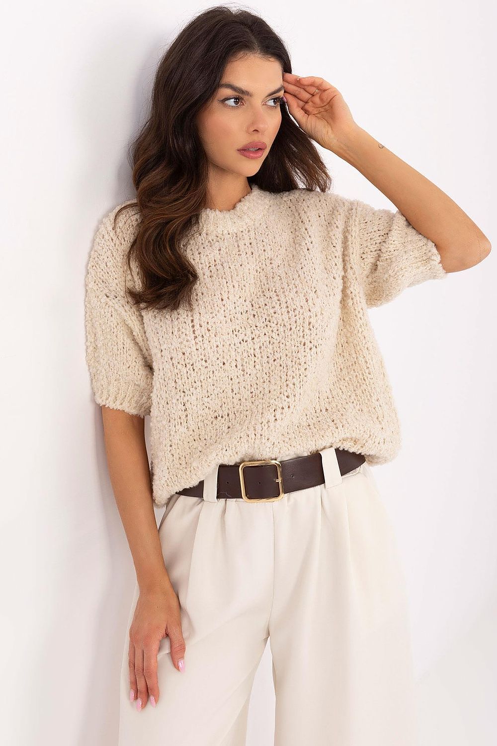 Short sleeve sweater Italy Moda fra MS StyleHaven, størrelse one-size-fits-all, med short, bukselengde long, kjolelengde midi, kjolestil wrap