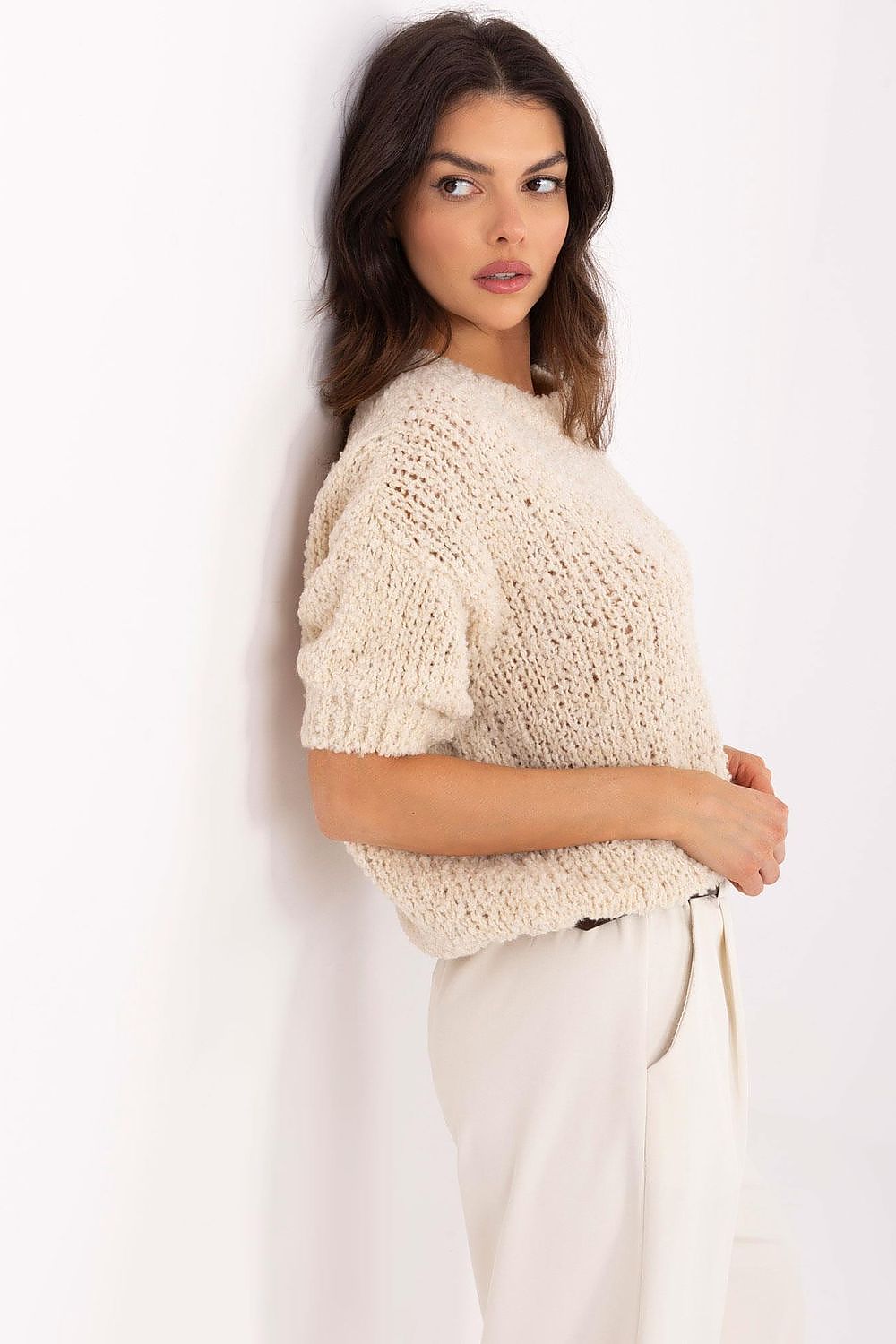 Short sleeve sweater Italy Moda fra MS StyleHaven, størrelse one-size-fits-all, med short, bukselengde long, kjolelengde midi, kjolestil wrap