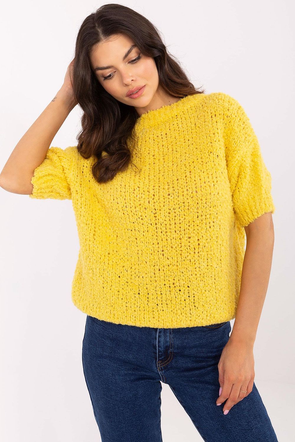 Short sleeve sweater Italy Moda fra MS StyleHaven, størrelse one-size-fits-all, med short, bukselengde long, kjolelengde midi, kjolestil wrap