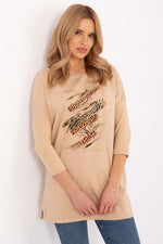 Lang bluse til dame med dyretrykk til dame fra MS StyleHaven, størrelse S, med short, bukselengde long, kjolelengde mini, kjolestil wrap; a-line