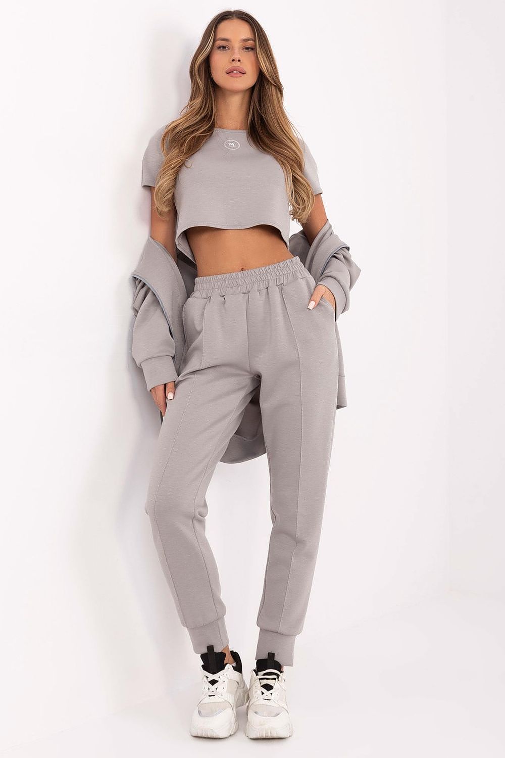 Lakerta 3-delt trenings sett hettegenser til dame til dame fra MS StyleHaven, laget av Bomull; Viskose; polyester; Elastan, farge Grå, størrelse S/M, med short ermer, perfekt til casual; dress
