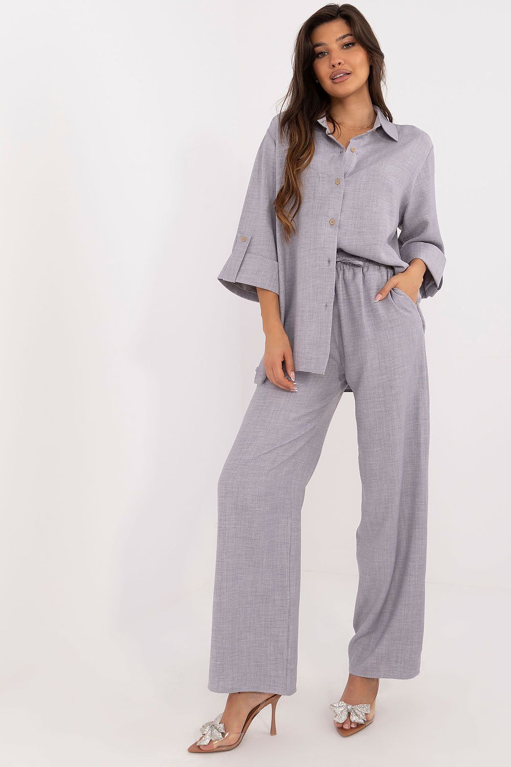 Lakerta dame sett med knytebånd til dame fra MS StyleHaven, laget av Bomull; polyester, farge Grå, størrelse S/M, med long ermer, perfekt til casual; dress
