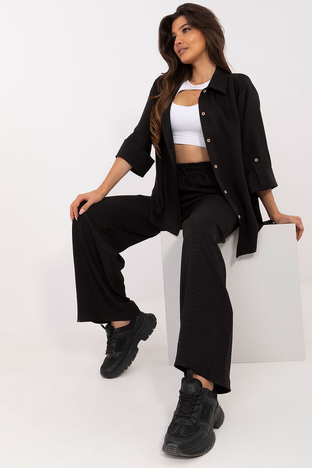 Lakerta dame sett med knytebånd til dame fra MS StyleHaven, laget av Bomull; polyester, farge Svart, størrelse S/M, med long ermer, perfekt til casual; dress