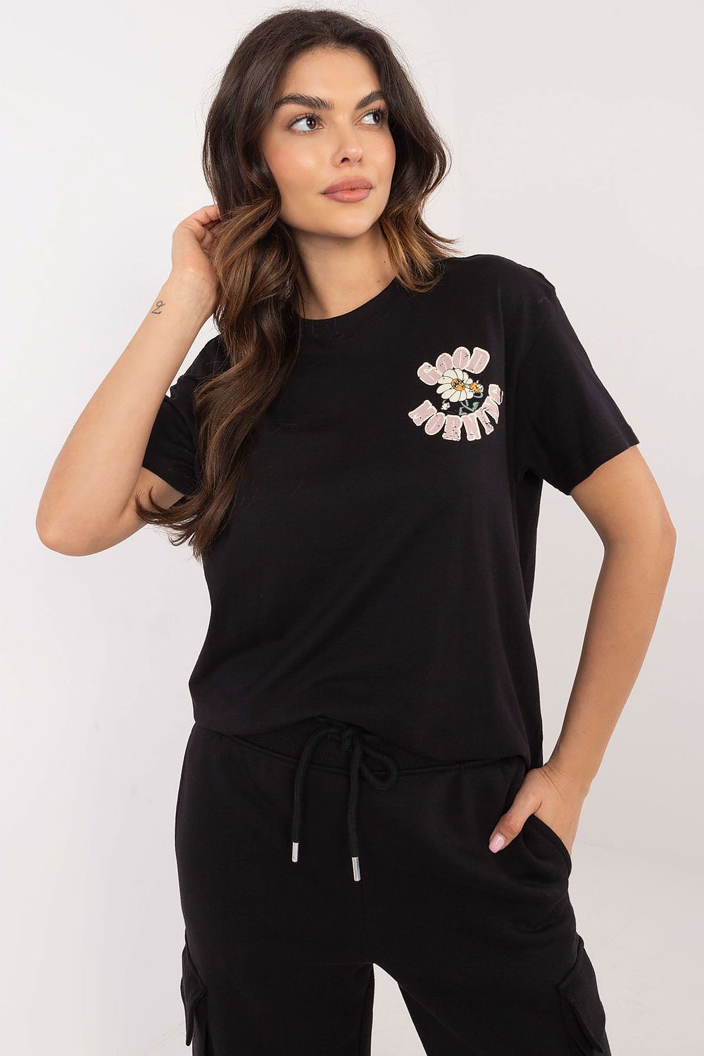 T-skjorte Sublevel til dame fra MS StyleHaven, laget av Bomull, farge Svart, størrelse XS, med short ermer