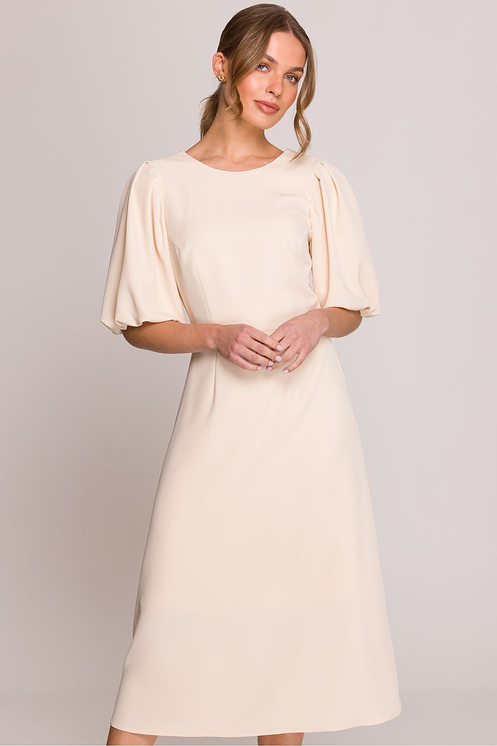 Dagkjole Stylove til dame fra MS StyleHaven, laget av polyester; Elastan-1, farge beige, størrelse s, med 3-4; short ermer, midi lengde, kjolestil a-line; sheath, perfekt til casual; dress