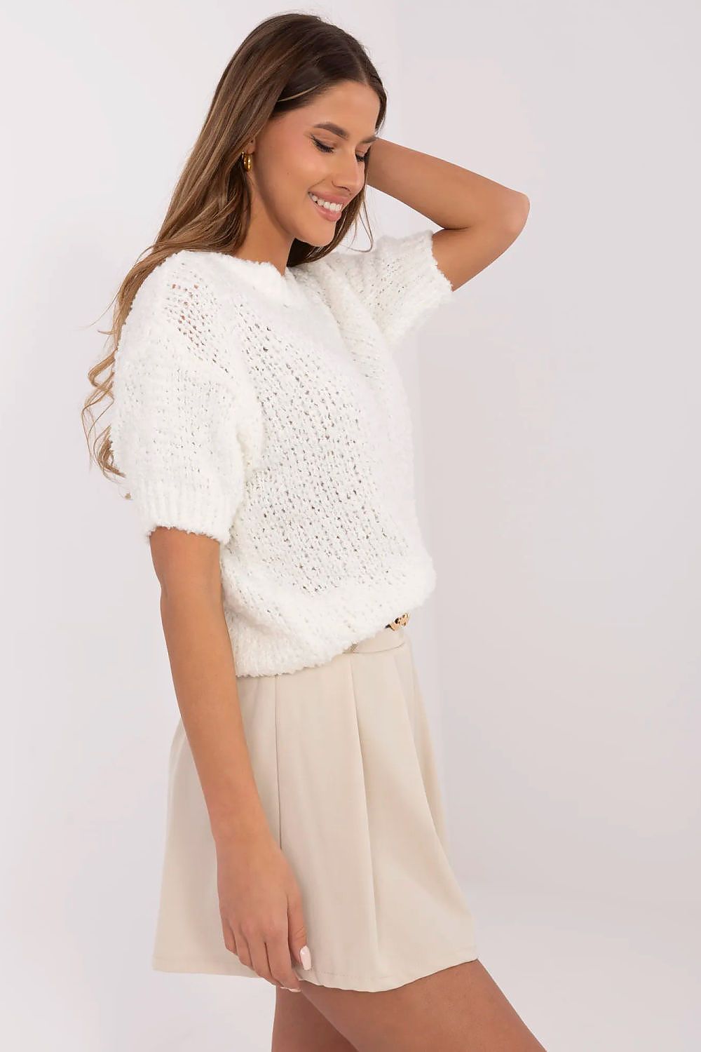 Short sleeve sweater Italy Moda fra MS StyleHaven, størrelse one-size-fits-all, med short, bukselengde long, kjolelengde midi, kjolestil wrap