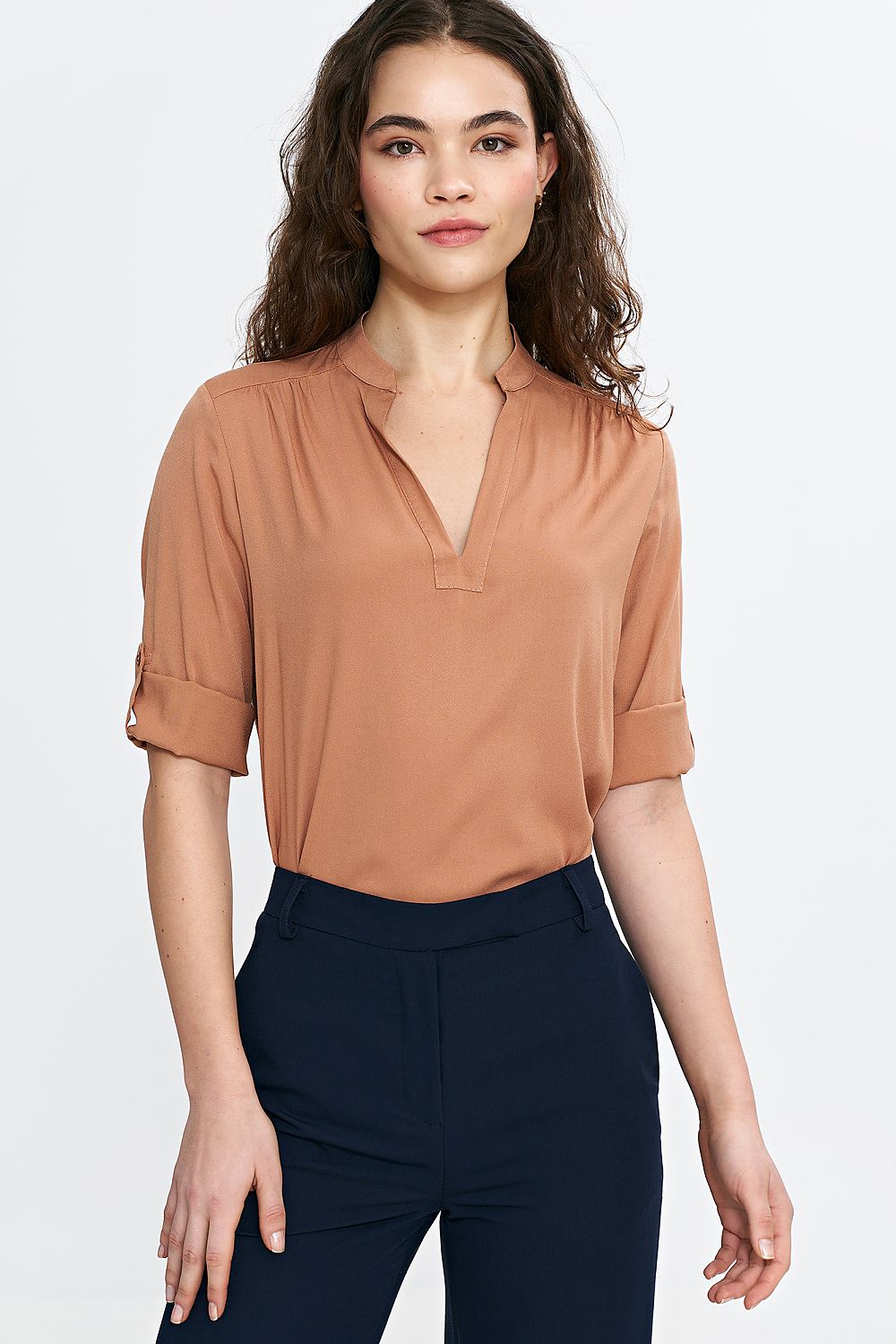 Stilfull Bluse - Nife til dame fra MS StyleHaven, laget av Viskose, farge Brun, størrelse 36, med 45720 ermer, perfekt til casual; dress