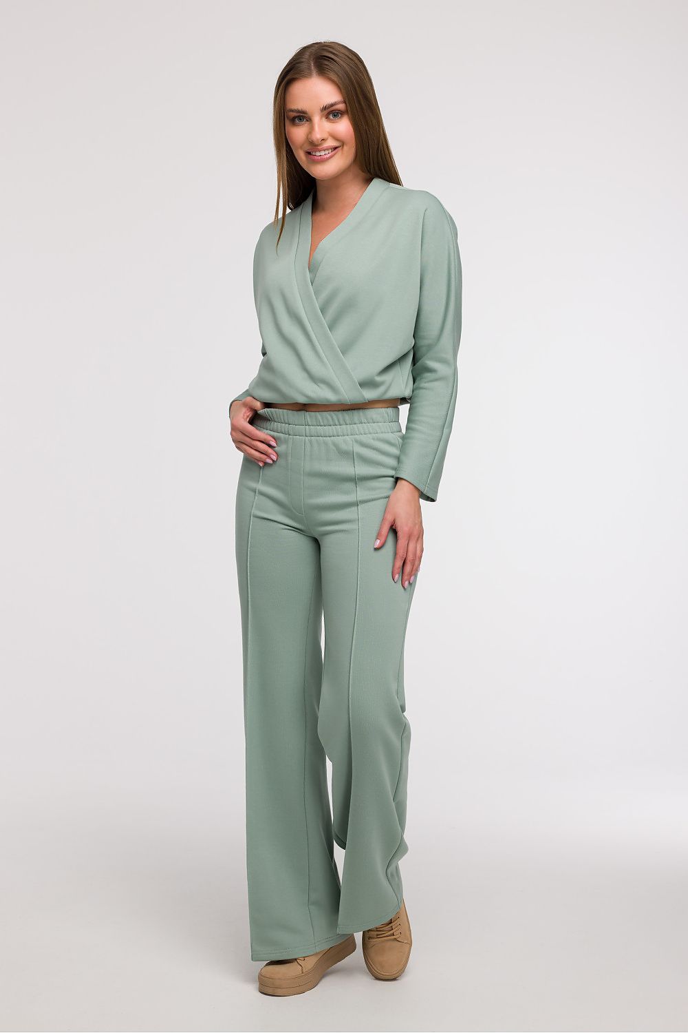 Uanstrengt Grace - Joggebukse med vidde ben med frontsøm til dame fra MS StyleHaven, laget av Bomull; polyester, farge beige, størrelse L, med 45720 ermer, perfekt til dress