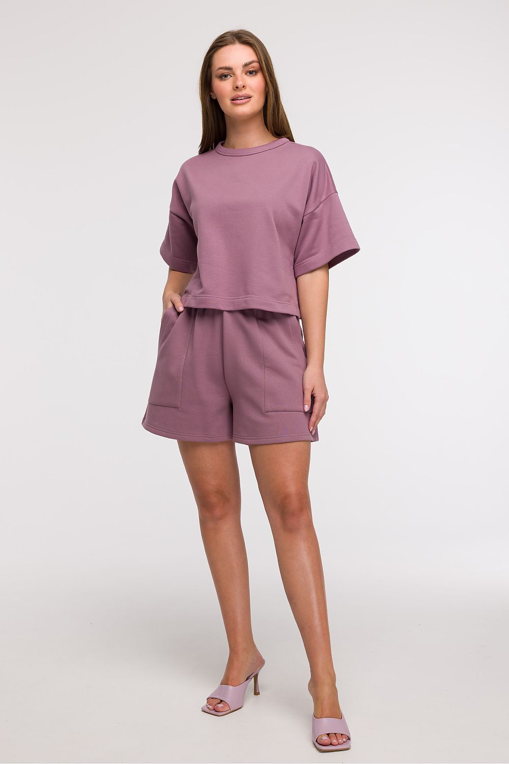 BeWear Loose Cropped Bluse til dame fra MS StyleHaven, laget av Bomull; polyester, farge Fiolett, størrelse L/XL, med short ermer, perfekt til casual; dress