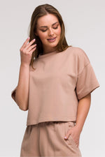 BeWear Loose Cropped Bluse til dame fra MS StyleHaven, laget av Bomull; polyester, farge beige 2, størrelse S/M, med short ermer, perfekt til casual; dress