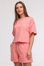 BeWear Loose Cropped Bluse til dame fra MS StyleHaven, laget av Bomull; polyester, farge Rosa, størrelse S/M, med short ermer, perfekt til casual; dress