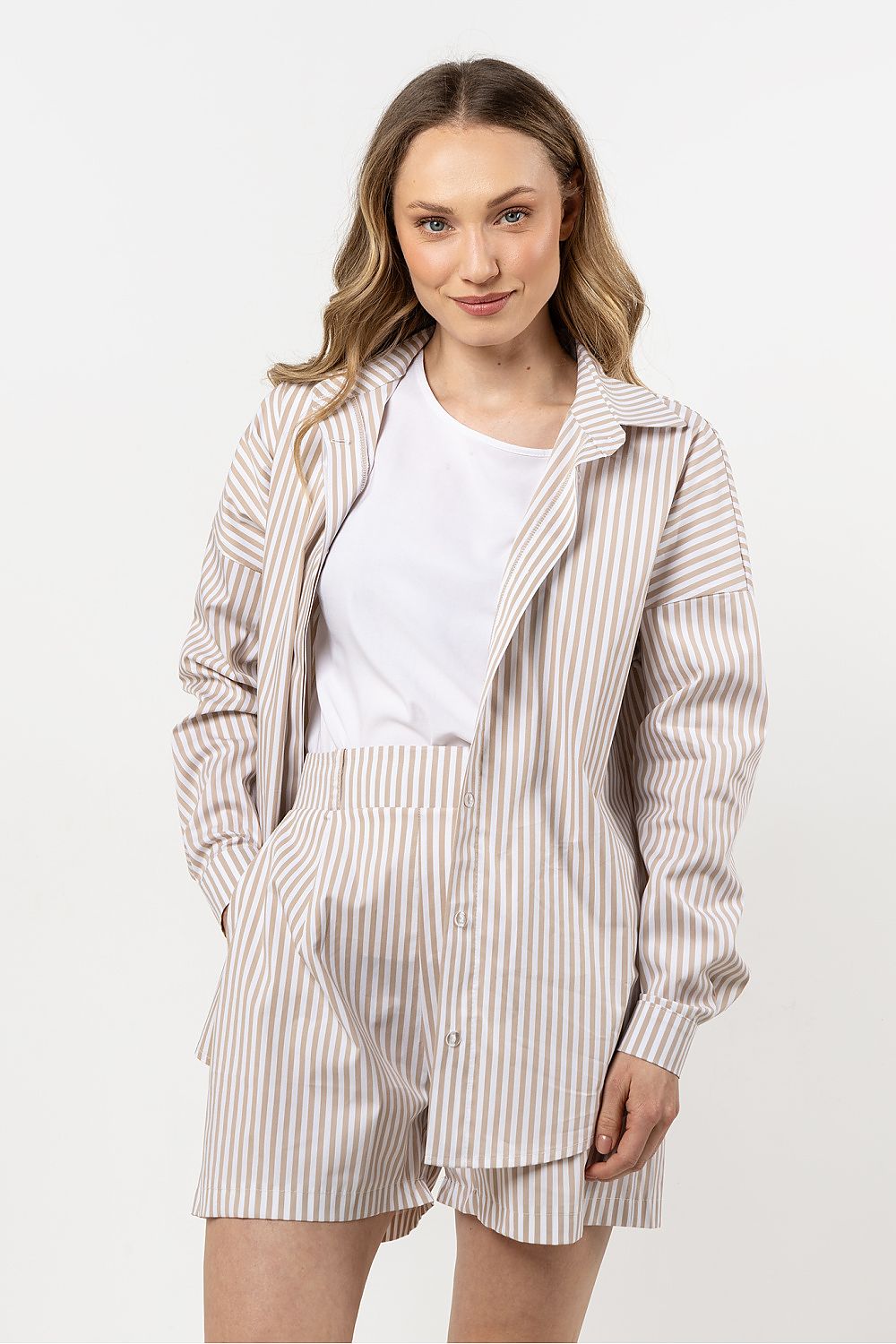 Langermet skjorte awama til dame fra MS StyleHaven, laget av Bomull, farge beige, størrelse L/XL, med short ermer, perfekt til casual; dress