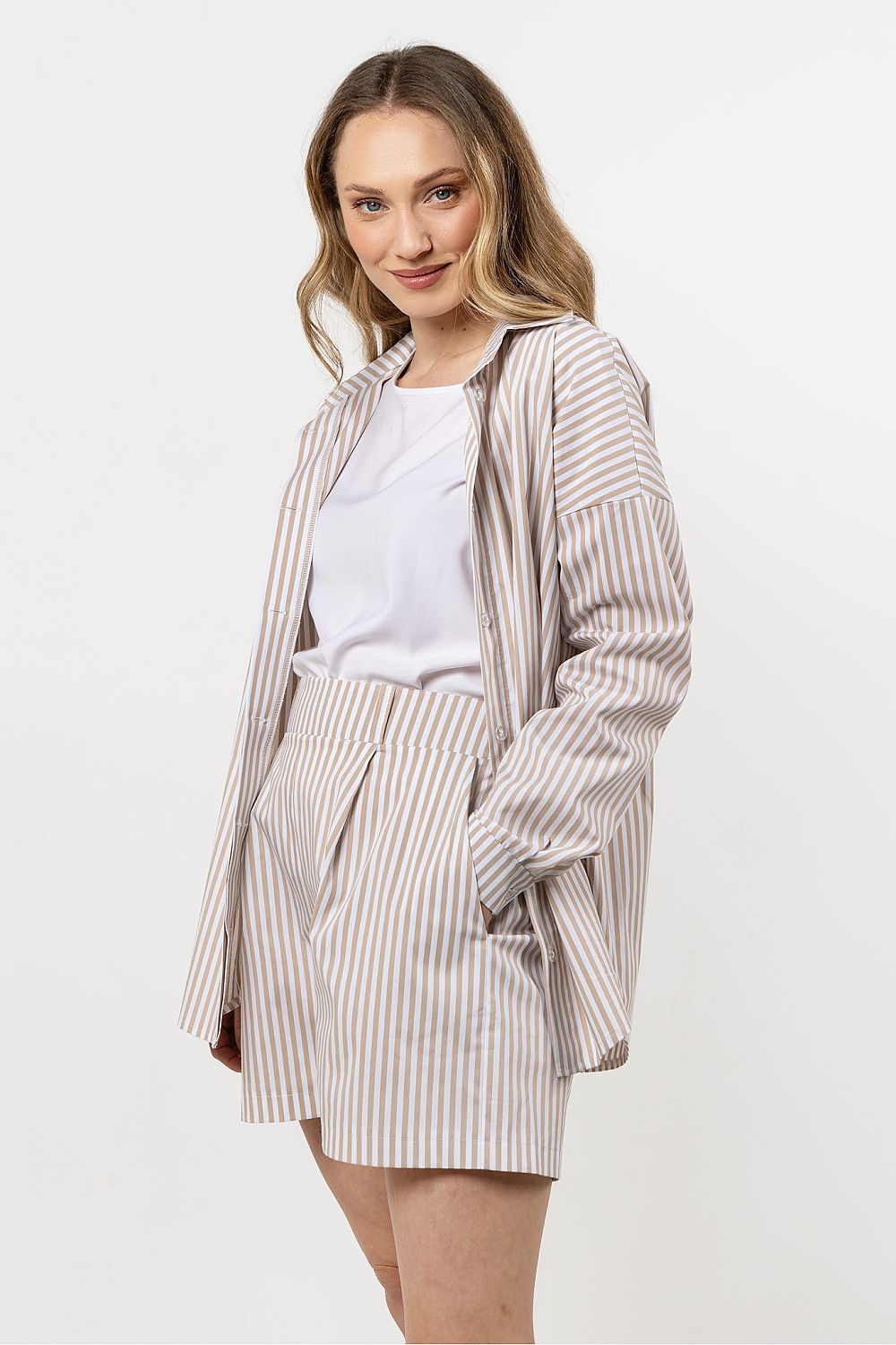 Langermet skjorte awama til dame fra MS StyleHaven, laget av Bomull, farge beige, størrelse L/XL, med short ermer, perfekt til casual; dress