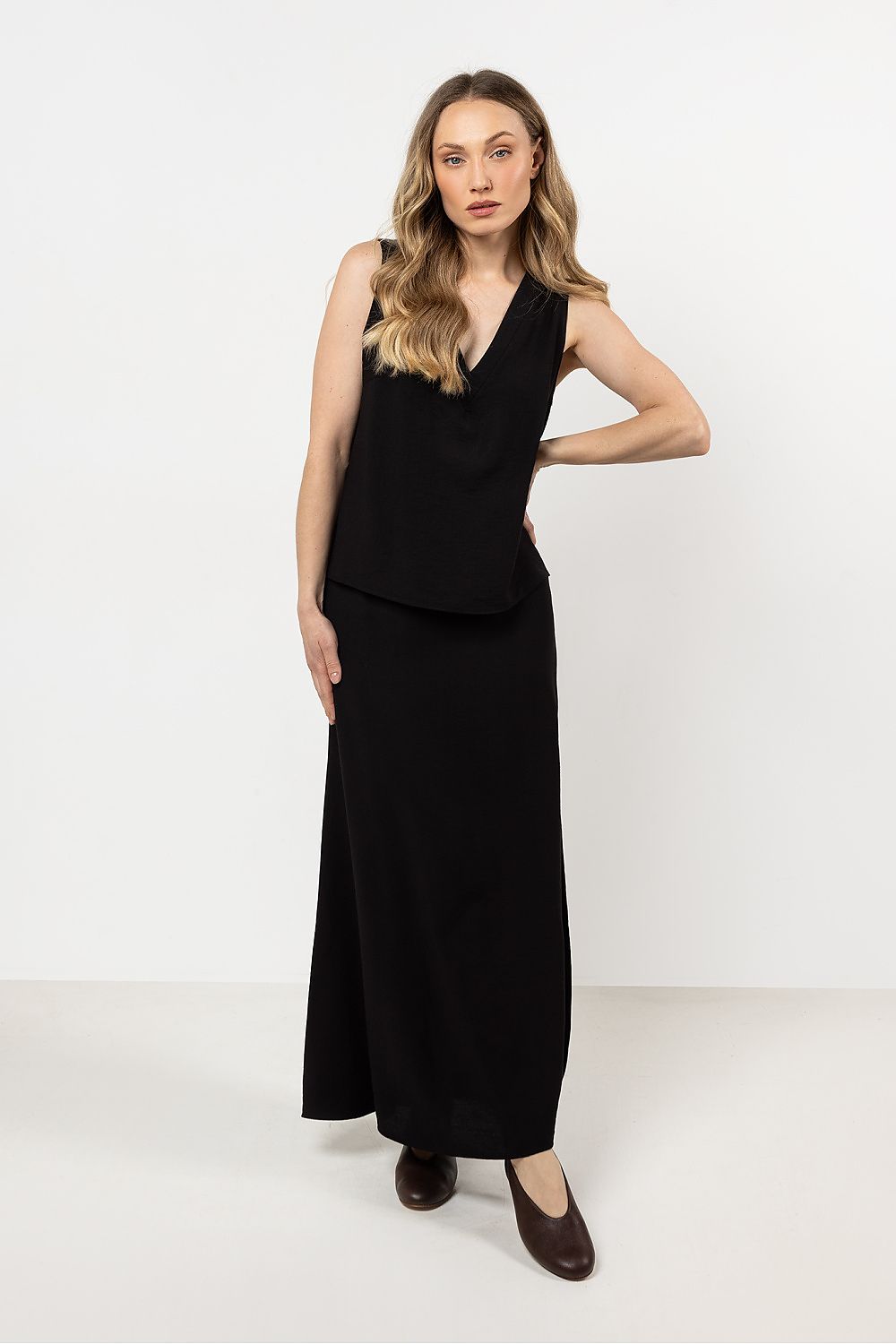 Langt skjørt awama til dame fra MS StyleHaven, laget av Bomull, farge Brun, størrelse L, med short ermer, perfekt til casual; dress