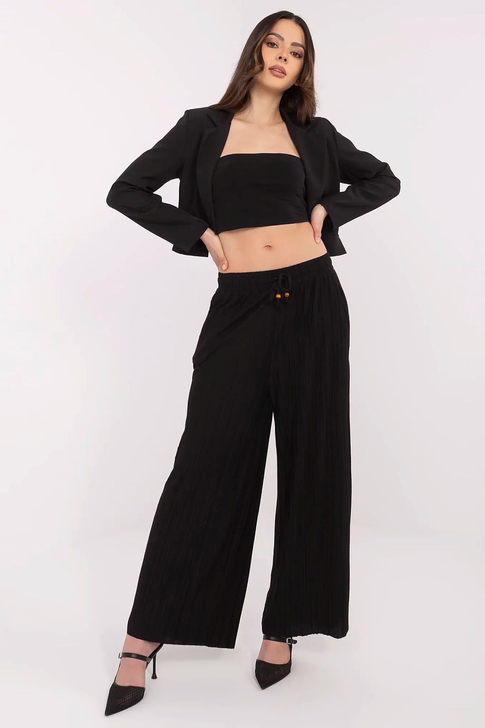 Uformelle damebukser med høy midje og slips til dame fra MS StyleHaven, laget av polyester; Viskose, farge Svart, størrelse s, med short ermer, bukselengde long, perfekt til casual; dress