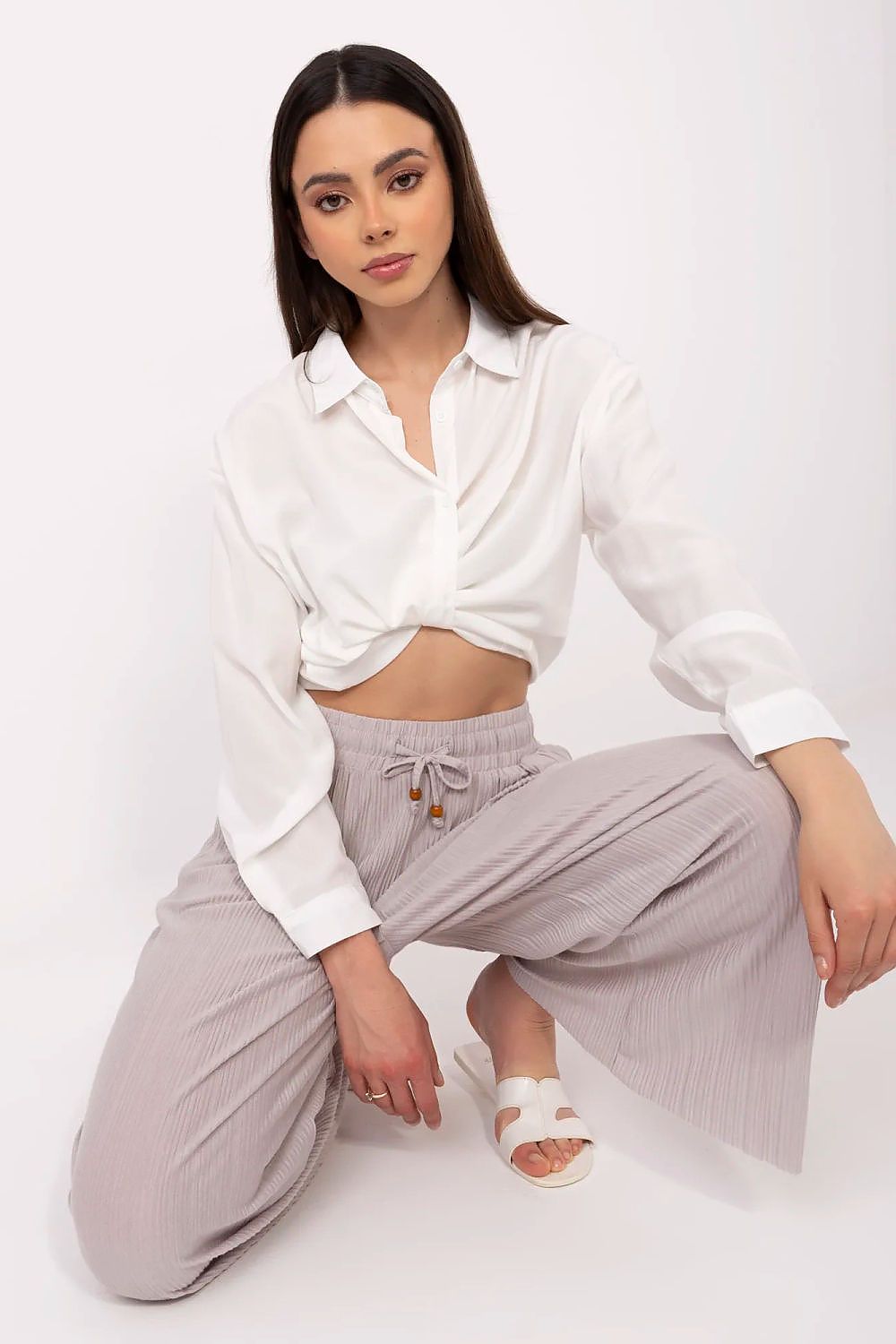 Uformelle damebukser med høy midje og slips til dame fra MS StyleHaven, laget av polyester; Viskose, farge beige, størrelse M, med short ermer, perfekt til casual; dress