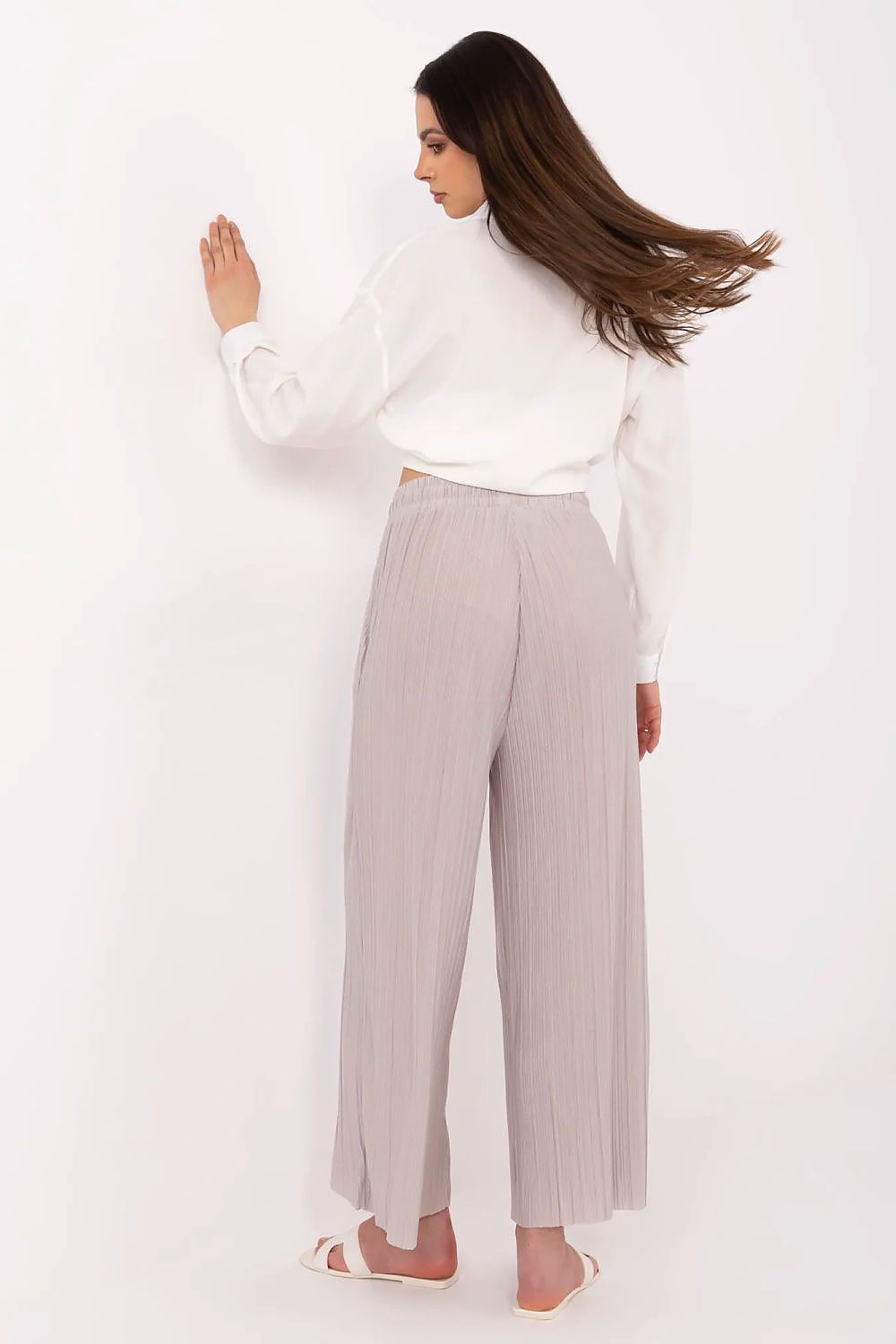Uformelle damebukser med høy midje og slips til dame fra MS StyleHaven, laget av polyester; Viskose, farge beige, størrelse L, med short ermer, perfekt til casual; dress