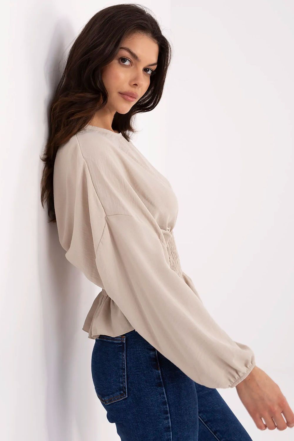 Bluse Sublevel til dame fra MS StyleHaven, laget av polyester, farge beige, størrelse M/L, med short ermer, perfekt til casual; dress