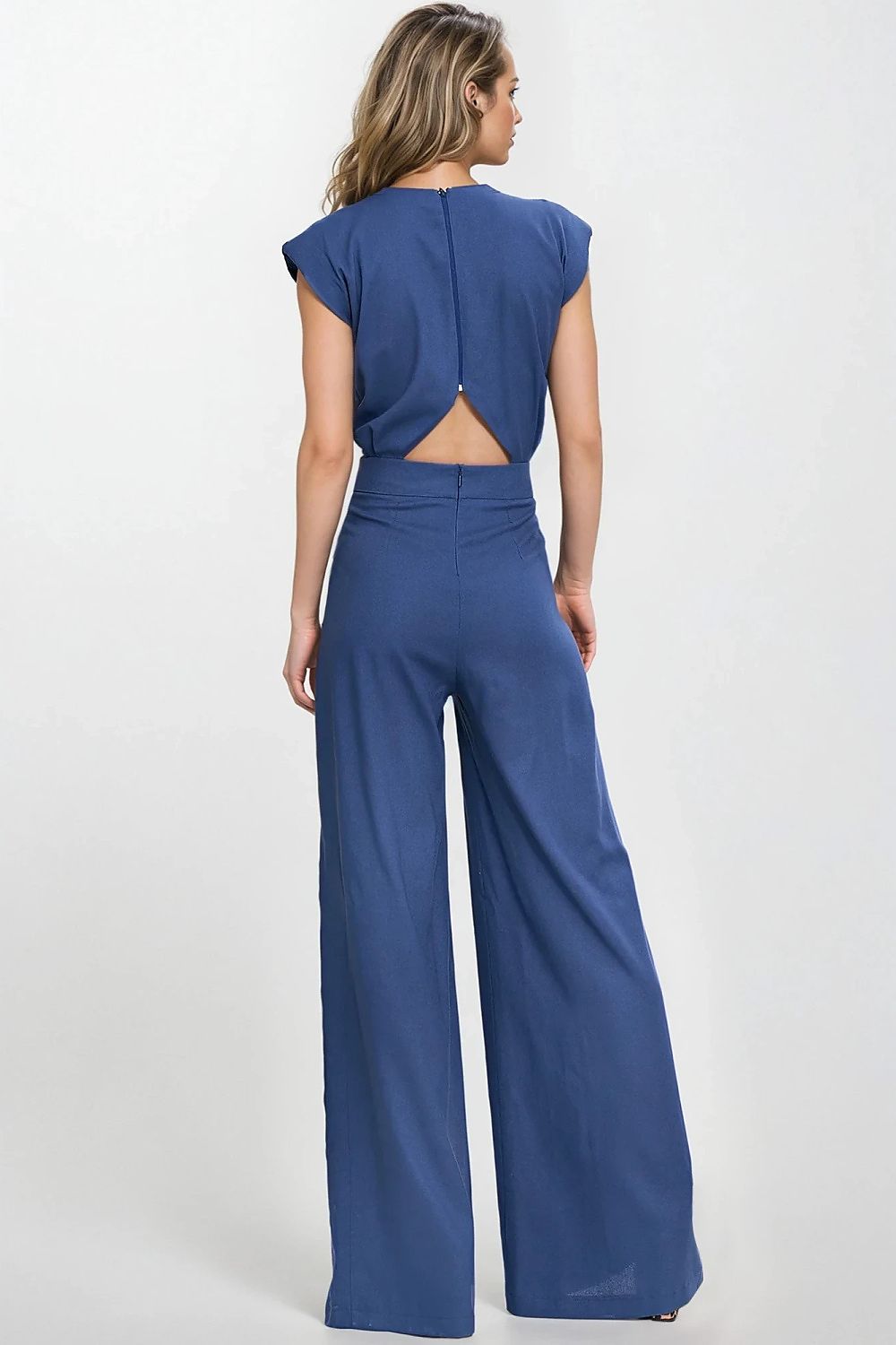 Jumpsuit Nife til dame fra MS StyleHaven, laget av rayon; Lin, farge Blå, størrelse 40, med sleeveless; short ermer, perfekt til casual