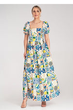 Dagkjole Figl til dame fra MS StyleHaven, laget av Bomull, farge Blå, størrelse S/M, med short ermer, maxi lengde, kjolestil a-line, perfekt til dress
