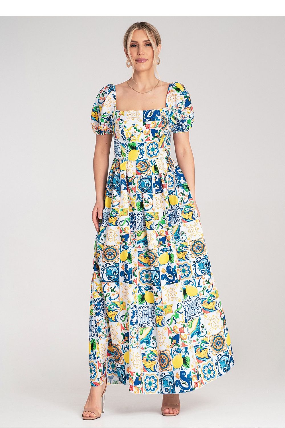 Dagkjole Figl til dame fra MS StyleHaven, laget av Bomull, farge Blå, størrelse S/M, med short ermer, maxi lengde, kjolestil a-line, perfekt til dress
