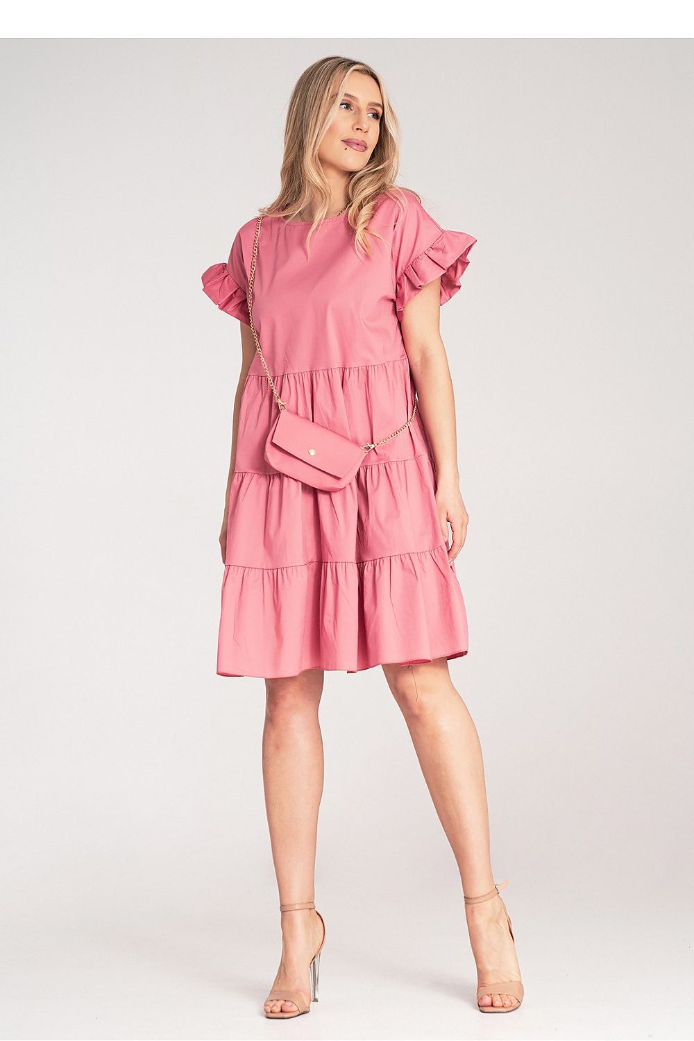 Dagkjole Figl til dame fra MS StyleHaven, laget av Bomull; Elastan-1, farge Rosa, størrelse S/M, med short ermer, mini lengde, kjolestil a-line, perfekt til dress