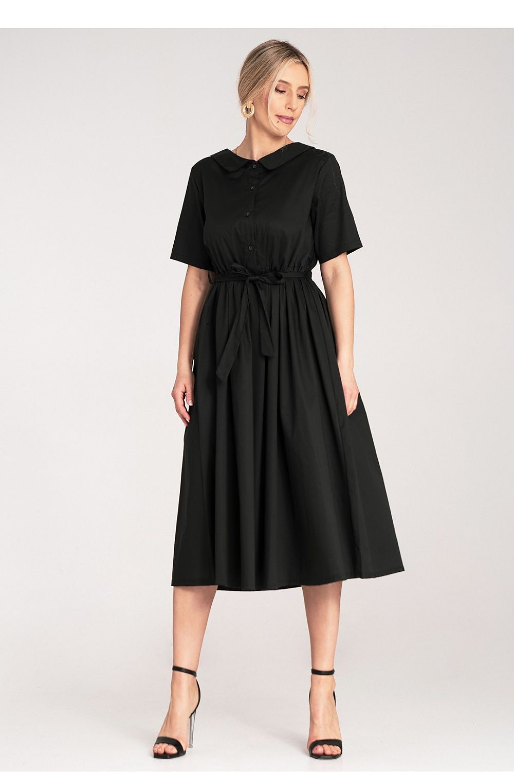 Dagkjole Figl til dame fra MS StyleHaven, laget av Bomull, farge Svart, størrelse S/M, med short ermer, midi lengde, kjolestil a-line, perfekt til dress