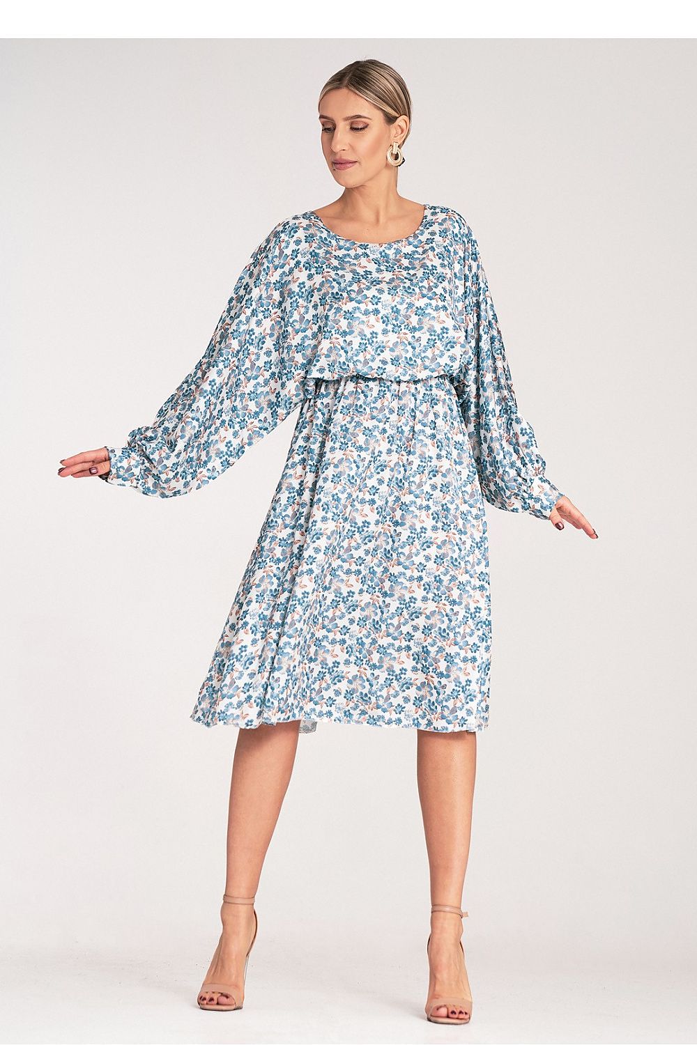 Dagkjole Figl til dame fra MS StyleHaven, laget av Sateng; polyester, farge Blå, størrelse S/M, med long ermer, midi lengde, kjolestil a-line, perfekt til dress
