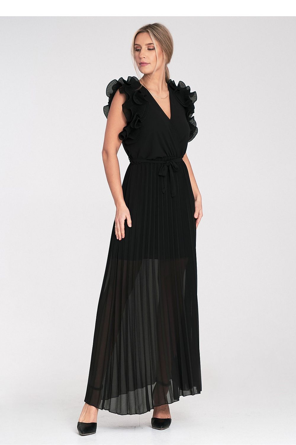 Lang kjole Figl til dame fra MS StyleHaven, laget av polyester, farge Svart, størrelse S/M, med sleeveless ermer, maxi lengde, kjolestil sheath; a-line, perfekt til dress