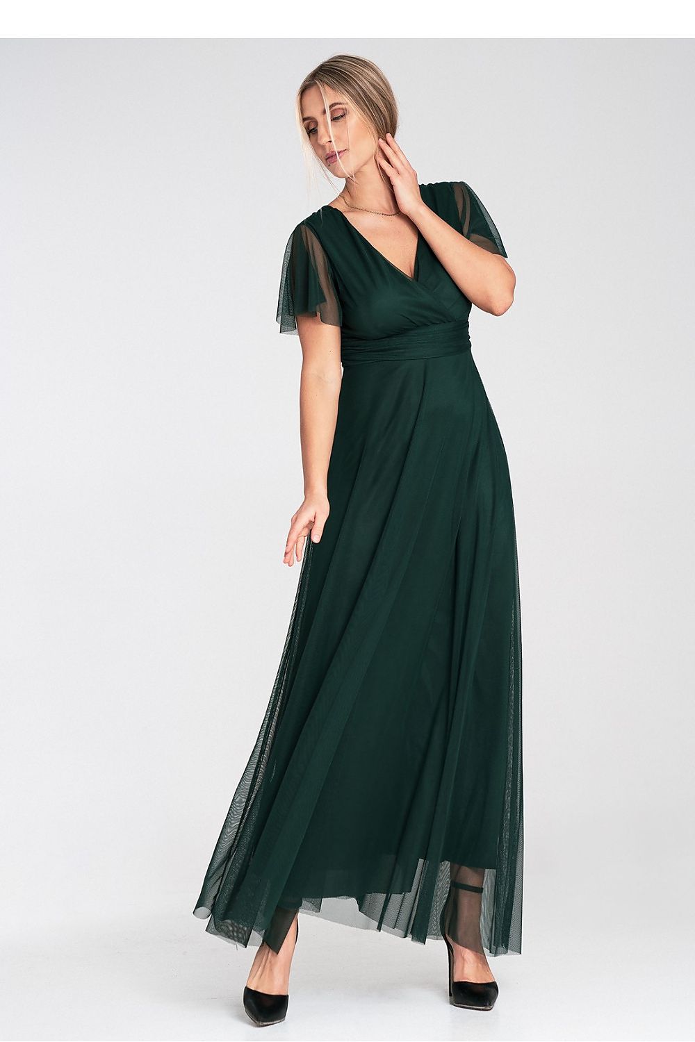 Lang kjole Figl til dame fra MS StyleHaven, laget av polyester; Netting, farge Rosa, størrelse S/M, med short ermer, perfekt til dress