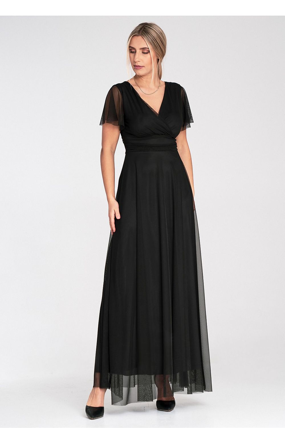 Lang kjole Figl til dame fra MS StyleHaven, laget av polyester; Netting, farge Rosa, størrelse S/M, med short ermer, perfekt til dress