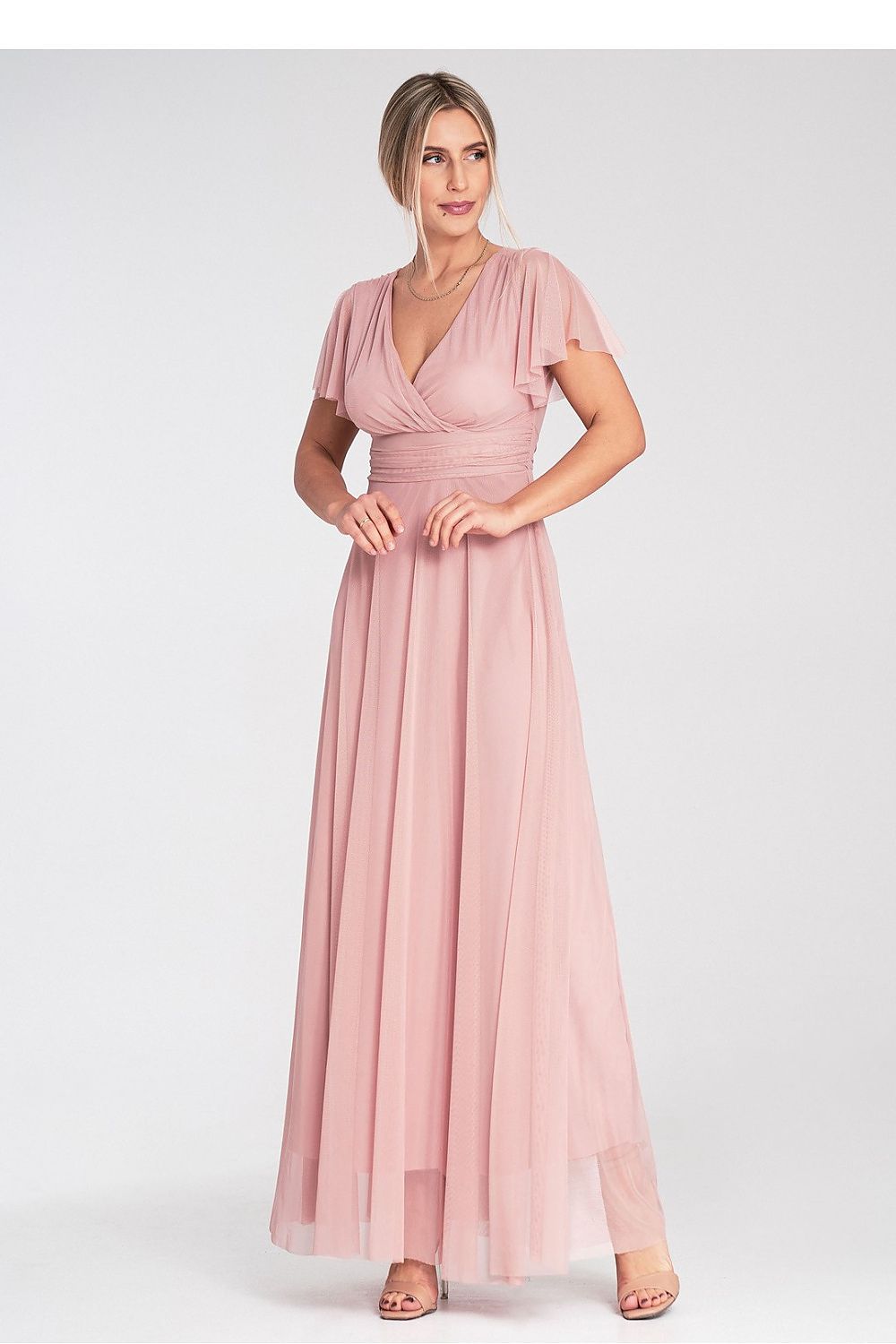 Lang kjole Figl til dame fra MS StyleHaven, laget av polyester; Netting, farge Rosa, størrelse S/M, med short ermer, perfekt til dress