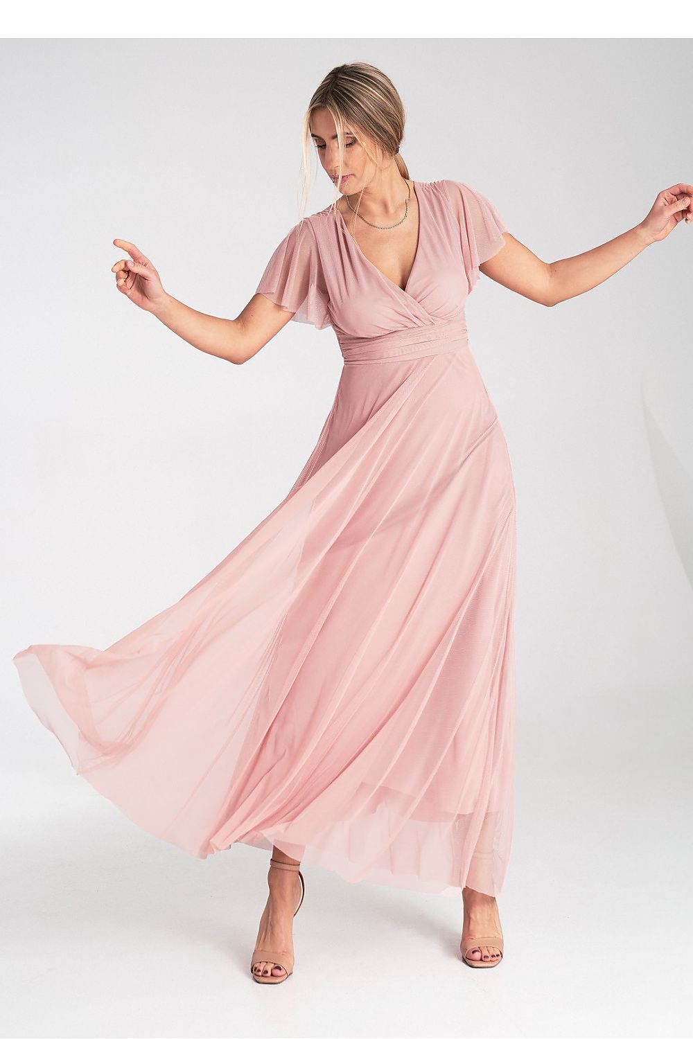 Lang kjole Figl til dame fra MS StyleHaven, laget av polyester; Netting, farge Rosa, størrelse S/M, med short ermer, perfekt til dress