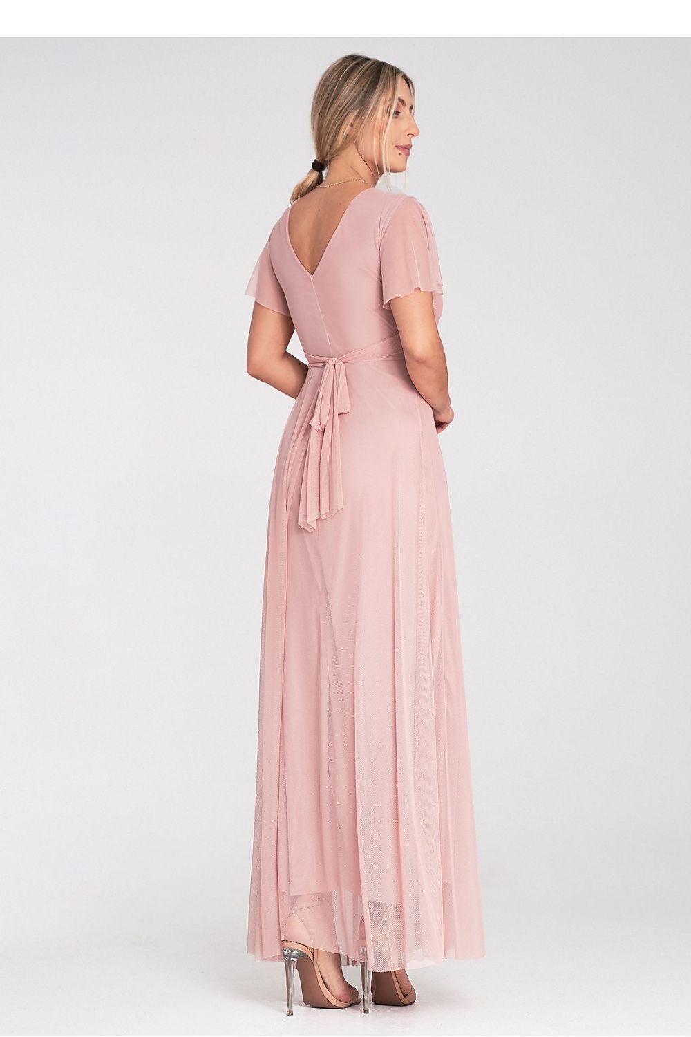 Lang kjole Figl til dame fra MS StyleHaven, laget av polyester; Netting, farge Rosa, størrelse S/M, med short ermer, perfekt til dress