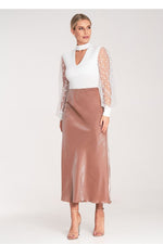 Skjørt Figl til dame fra MS StyleHaven, laget av Viskose; polyester, farge beige, størrelse S/M, med long ermer, midi lengde, perfekt til dress