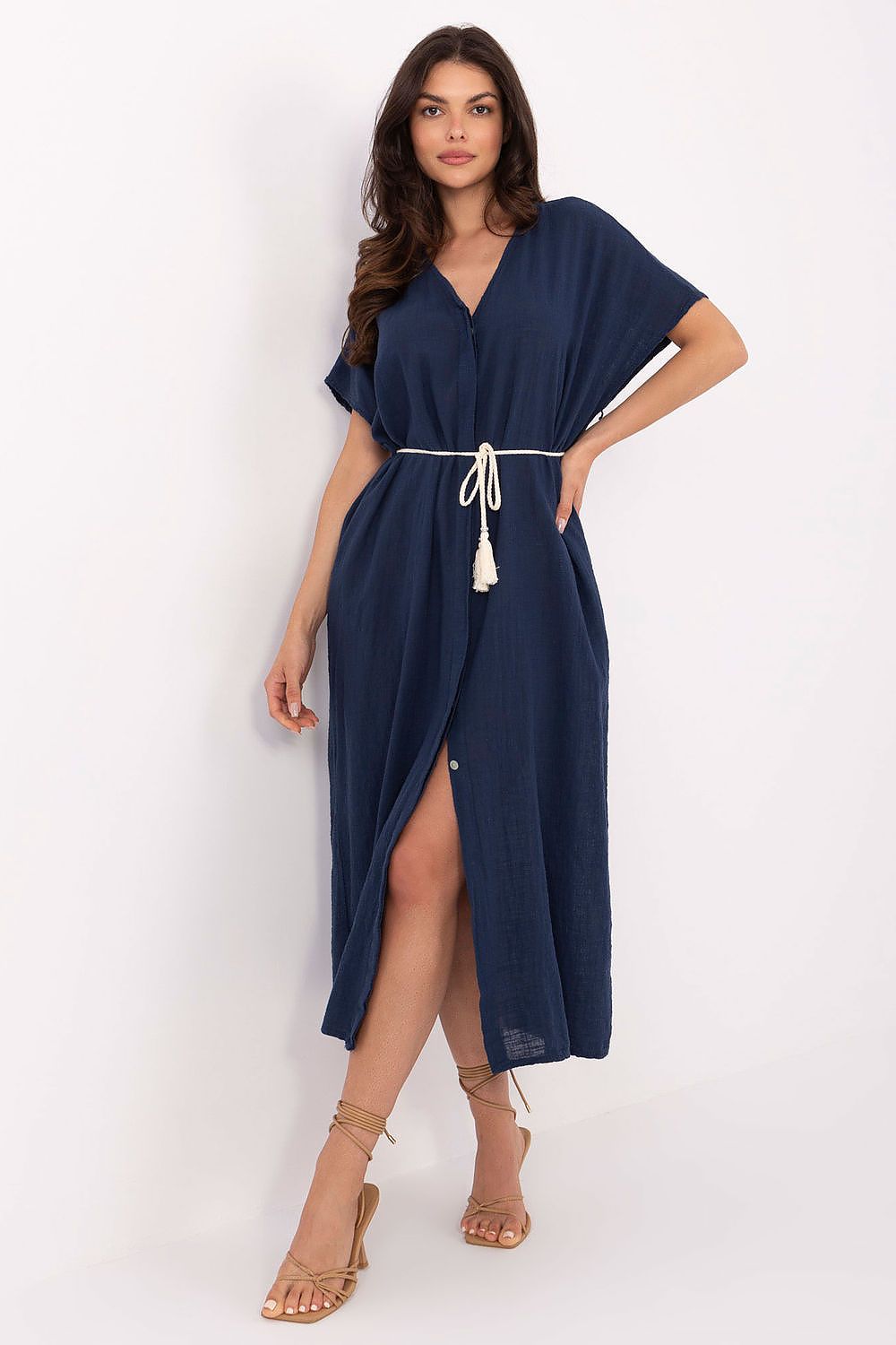 Dagkjole Och Bella til dame fra MS StyleHaven, laget av Bomull, farge Marineblå, størrelse s, med short ermer, midi lengde, kjolestil a-line