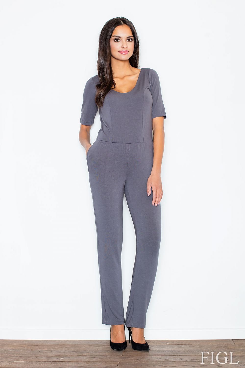 Feminin Elegance Jumpsuit - Figl til dame fra MS StyleHaven, laget av Elastan; Viskose, farge Grå, størrelse S, med sleeveless; 3-4 ermer, perfekt til casual; dress