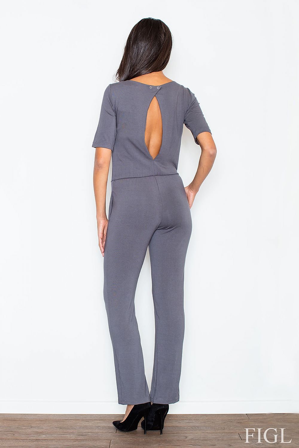 Feminin Elegance Jumpsuit - Figl til dame fra MS StyleHaven, laget av Elastan; Viskose, farge Grå, størrelse M, med sleeveless; 3-4 ermer, perfekt til casual; dress