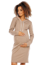 Graviditetskjole med hette fra PeeKaBoo til dame fra MS StyleHaven, laget av Elastan; Bomull, farge beige, størrelse S, med long ermer, knee-1; short; mini lengde, kjolestil pencil; other; shirt; flared; jacket; babydoll; a-line, perfekt til casual; dress