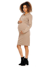 Graviditetskjole med hette fra PeeKaBoo til dame fra MS StyleHaven, laget av Elastan; Bomull, farge beige, størrelse M, med long ermer, perfekt til casual; dress
