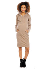 Graviditetskjole med hette fra PeeKaBoo til dame fra MS StyleHaven, laget av Elastan; Bomull, farge beige, størrelse L, med long ermer, perfekt til casual; dress