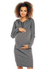 Graviditetskjole med hette fra PeeKaBoo til dame fra MS StyleHaven, laget av Elastan; Bomull, farge Grå, størrelse S, med long ermer, perfekt til casual; dress
