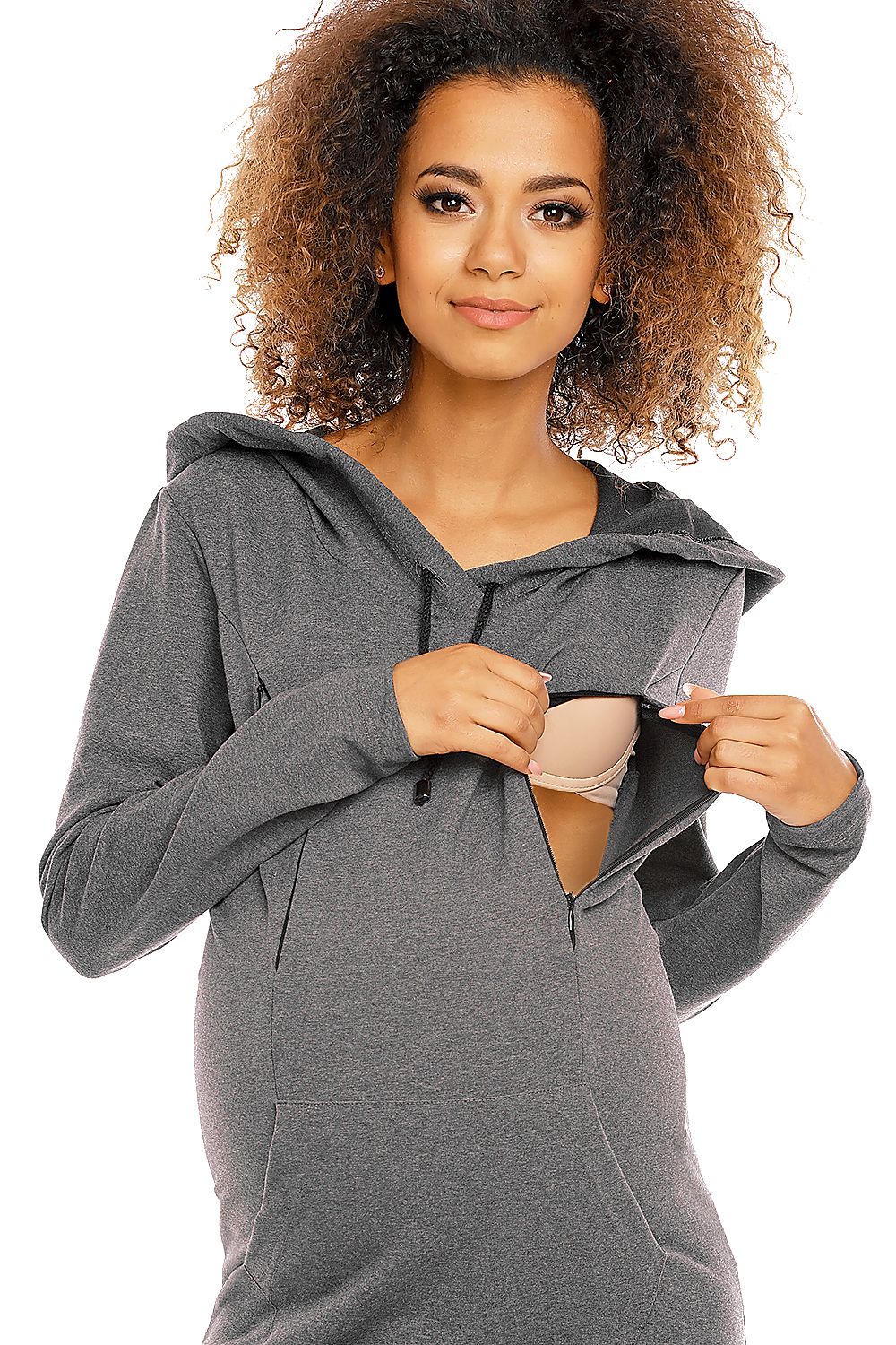 Graviditetskjole med hette fra PeeKaBoo til dame fra MS StyleHaven, laget av Elastan; Bomull, farge Grå, størrelse XXL, med long ermer, perfekt til casual; dress