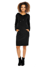 Graviditetskjole med hette fra PeeKaBoo til dame fra MS StyleHaven, laget av Elastan; Bomull, farge Svart, størrelse M, med long ermer, perfekt til casual; dress